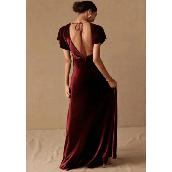 NWT BHLDN Jenny Yoo Ellis Velvet Maxi Dress Short Sleeve in Red Berry 4 - Picture 3 of 15